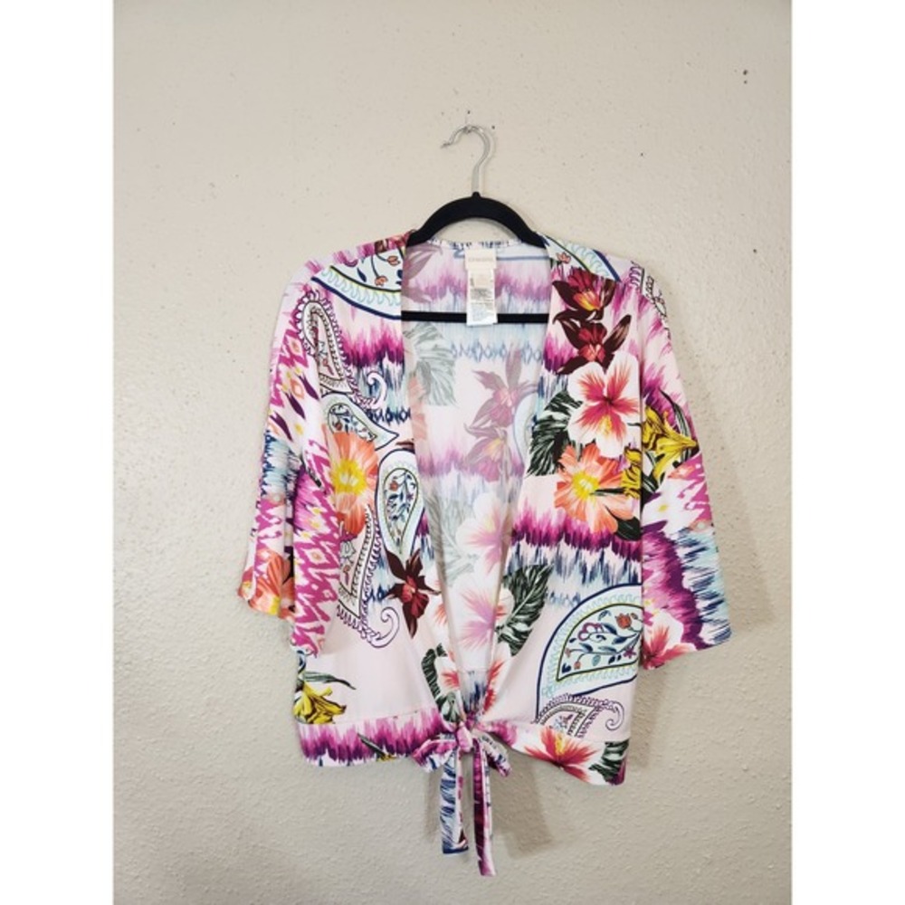 Chico's Floral Kimono Tie Front Open Cardigan Colorful Paisley Size 2 / US L